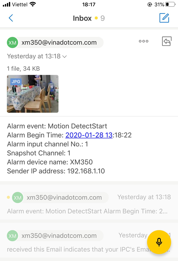 Camera wifi báo động qua email